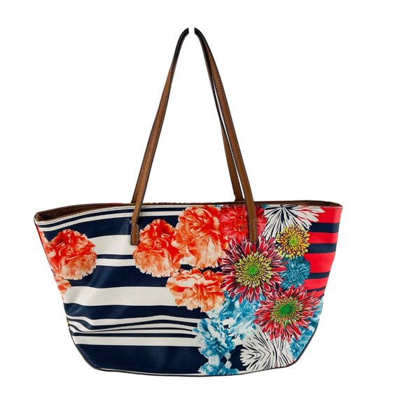 Nine West Floral Stripe Tote Bag With Brown Handles & Interior Pockets - Picture 2 of 8